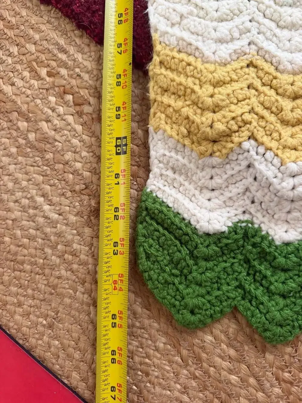 Vintage Handcrafted Crochet Chevron Afghan Green Yellow White 40 x 65 in
